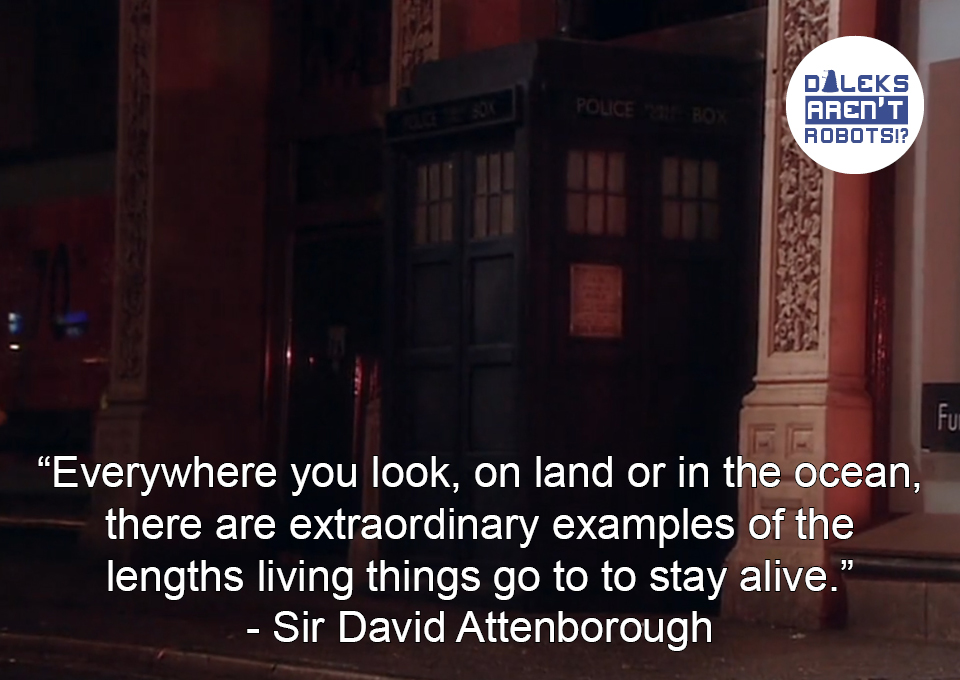 (Image of Tardis peeking out from an alleyway) "Everywhere you look, on land or in the ocean, there are extraordinary examples of the lengths living things go to to stay alive." - Sir David Attenborough