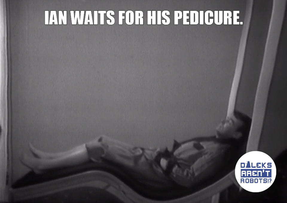 (Ian wearing a bathrobe in a lounge chair) Ian waits for his pedicure.