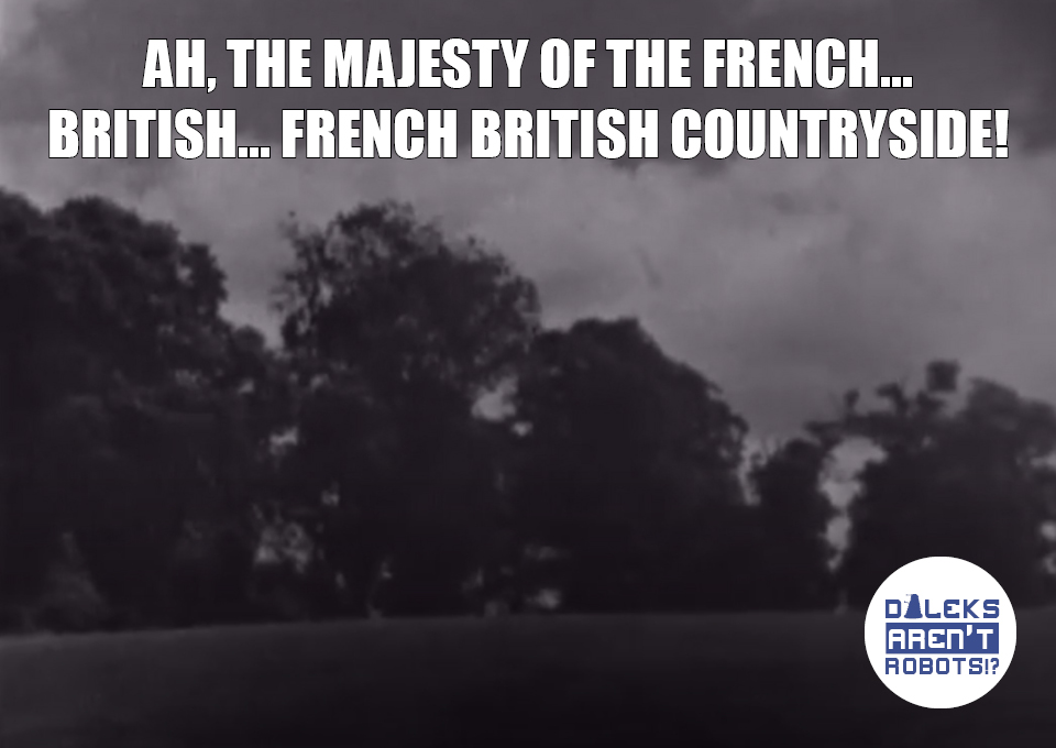 (Image of a drab forest and field) Ah, the majesty of the French... British... French British countryside!