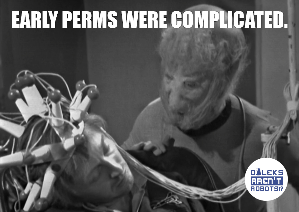 (Image of a Sensorite looking at a mess of wires attached to a man's head) Early perms were complicated.