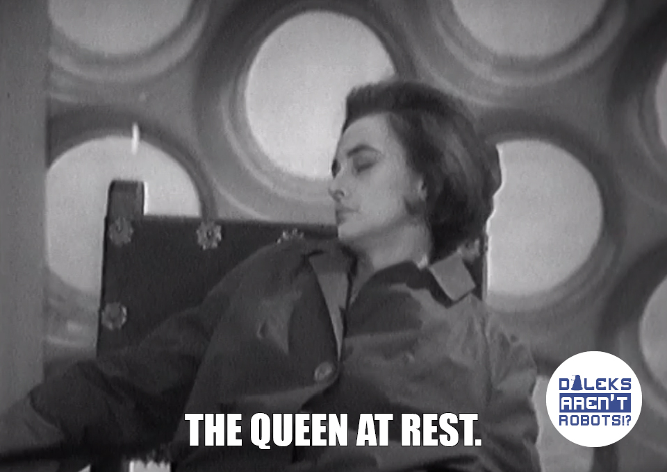 (Image of Barbara asleep on a thronelike chair) The Queen at rest.