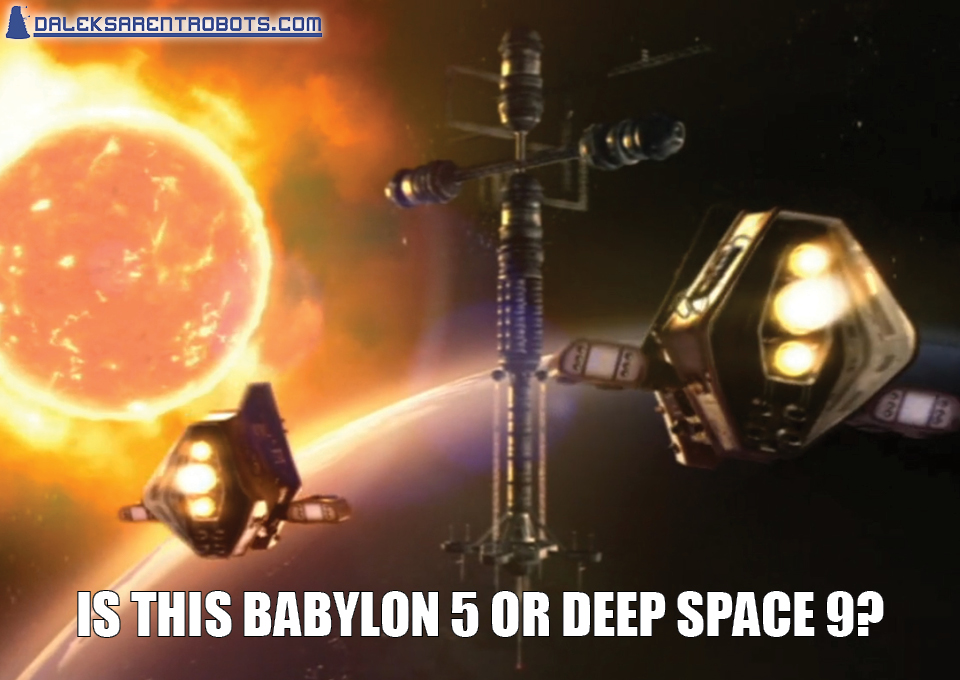 (Image of viewing platform with shuttles and fiery earth) Is this Babylon 5 or Deep Space 9?