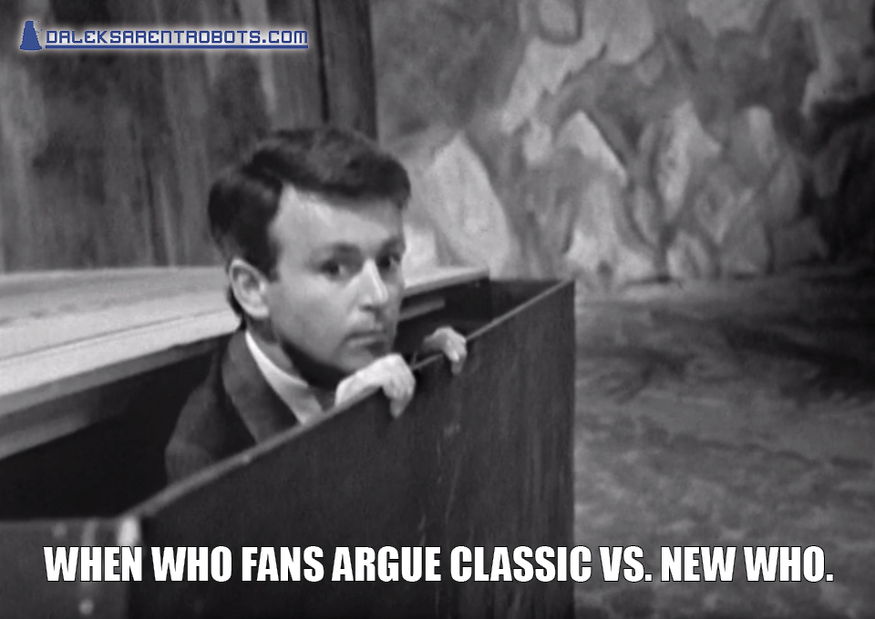 (Image of Ian hiding in a matchbox) When Who fans argue Classic vs. New Who.