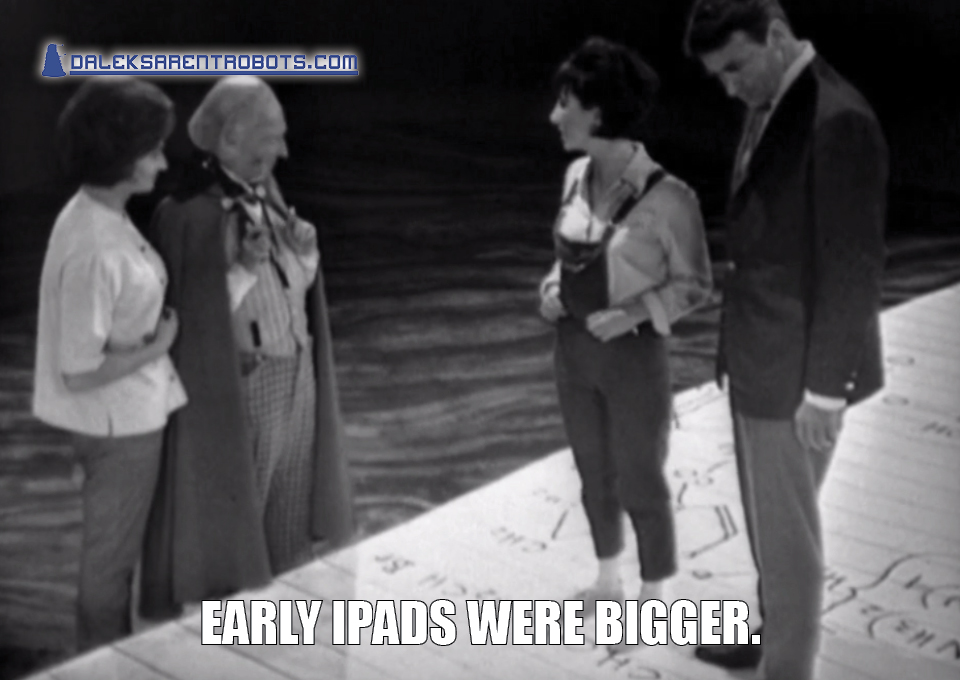 (Image of Susan and Ian standing on a giant notepad) Early iPads were bigger.