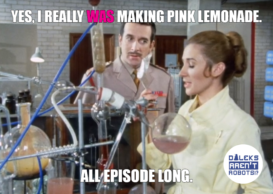 (Image of Liz doing science with many colored fluids in beakers) Yes, I really WAS making pink lemonade. All episode long.