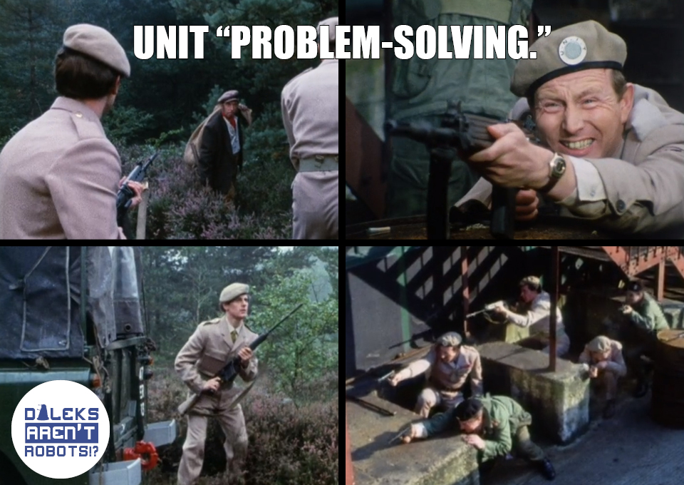 (4 Images of UNIT soldiers shooting guns) UNIT "problem-solving."